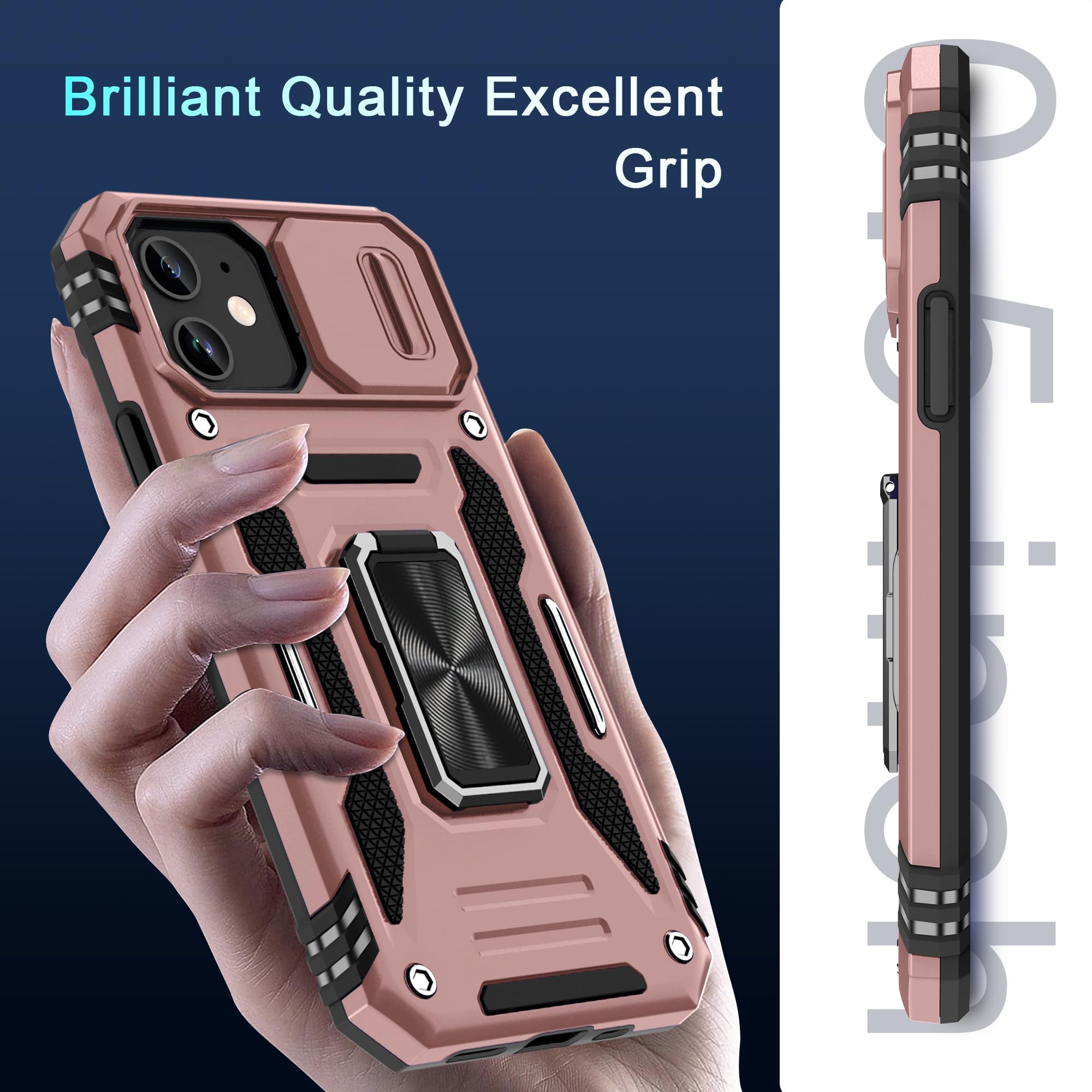 DEERLAMN for iPhone 11 Case with Slide Camera Cover+Screen Protector(2 Packs),Rotated Ring Kickstand Military Grade Shockproof Protective Cover-Rose Gold