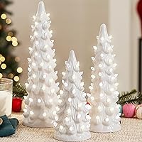 Best Choice Products Set of 3 Ceramic Christmas Trees, Pre-Lit Hand-Painted Tabletop Holiday Decoration w/Warm White Decorative Bulbs, Battery-Operated LED Lights – White