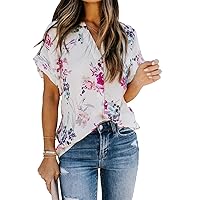 Allimy Women Summer Casual Split V Neckline Chiffon Blouses Loose Tunic Short Sleeve Tops