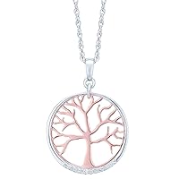 SwaraEcom Brilliant Created Round Cut White Diamond CZ 14K White-Rose Gold Plated Solid Sterling Silver Tree of Life Design Pendant Necklace for Womens,Girls,Teens