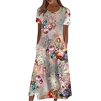 Ugly Short Sleeve Summers Dress for Ladies Midi Homewear Print Super Soft Tunic Dress Ladies Scoop Neck Cotton Pink 3XL