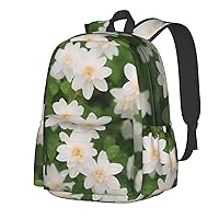 White Flower Backpack Print Shoulder Canvas Bag Travel Large Capacity Casual Daypack With Side Pockets