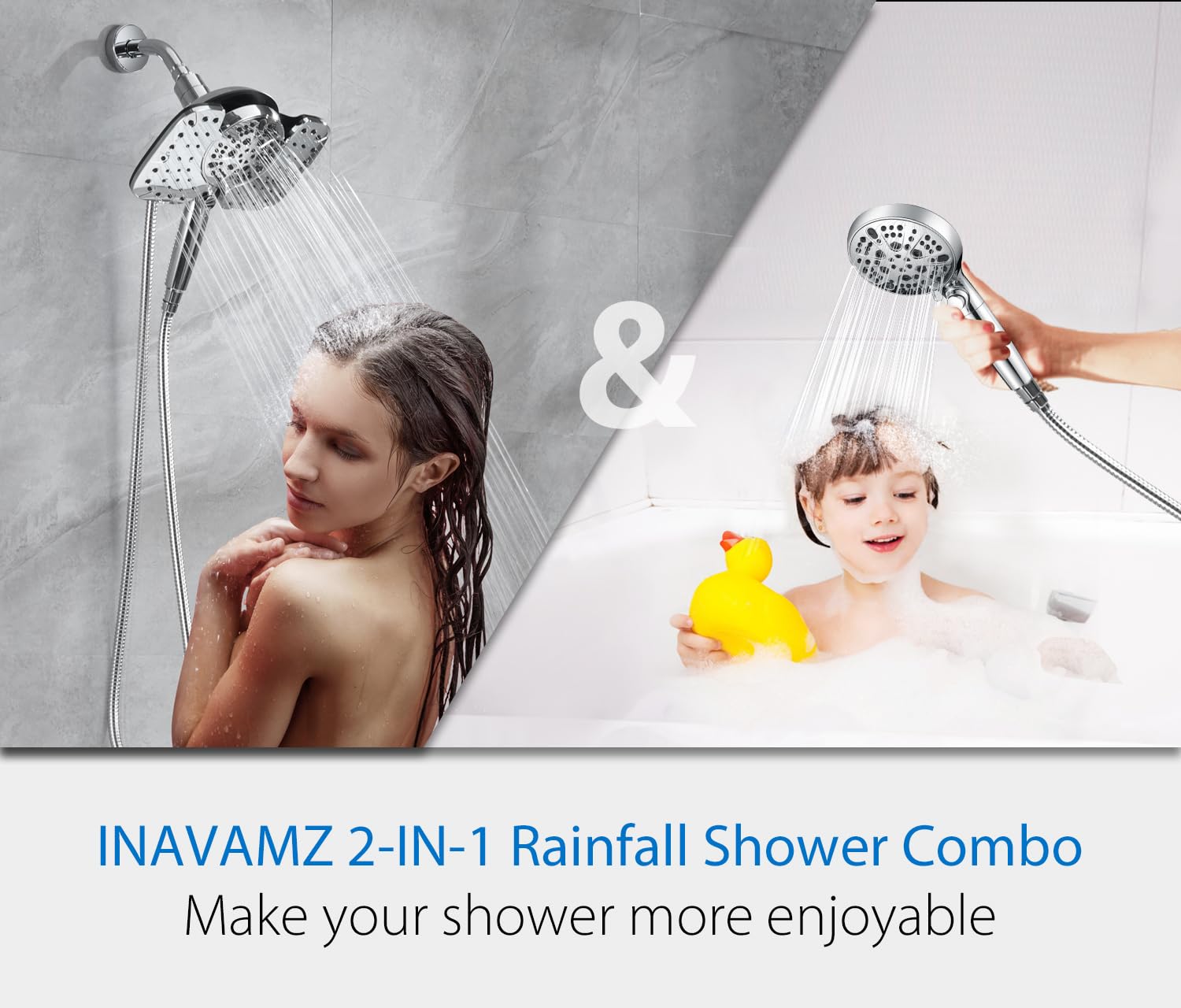INAVAMZ 2-in-1 Shower Heads with Handheld Spray Combo: 9.8” Rainfall Shower Head & Hand Held Shower Head, 10 Spray Settings Detachable Shower Head with ON/OFF Switch and 15-Stage Filter