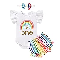 Viworld Baby Girl 1st Birthday Outfits Ruffle Sleeve Romper+Printed Bottoms Shorts+Headband Cake Smash Clothes Set