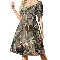Camo Deer Camouflage Hunting Women's Swing Dress Puff Short Sleeve V Neck Dress Beach A Line Mini Dresses