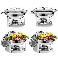 Chafing Dish Buffet Set 4 Pack, 5QT Full Size Round Stainless Steel Chafer for Catering, Upgraded Chafers and Buffet Warmer Sets with Food & Water Pan, Lid, Frame, Fuel Holder