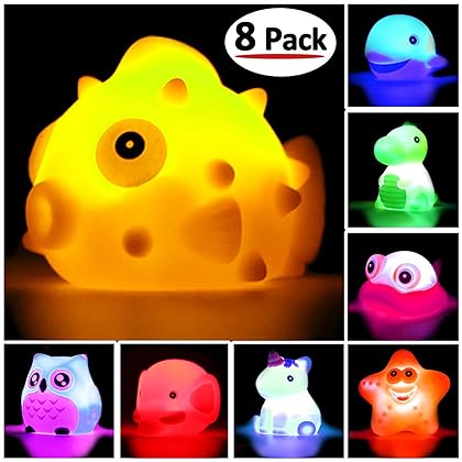 Bath Toys, 8 Pcs Light Up Floating Rubber Animal Toys Set, Flashing Color Changing Light in Water, Baby Infants Kids Toddler Child Preschool Bathtub Bathroom Shower Games Swimming Pool Party