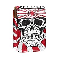Portable Makeup Lipstick Case for Traveling, Japanese Samurai Skull Head Red Mini Lipstick Storage Box With Mirror For Women Ladies, Leather Cosmetic Pouch