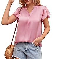 Women's Short Sleeve Shirts, Women Soild V Neck Cute Tee Pleated Dressy Casual T Shirt Tops Ruched, S, XXL