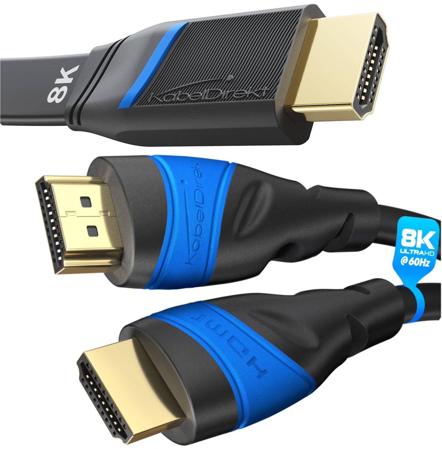 KabelDirekt 6ft 4K/8K HDMI Cable + 6.6ft HDMI Flat Cable for Laying - High Speed HDMI 2.0 Cables Bundle