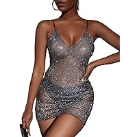 Womens Fall Fashion 2022 Rhinestone Insert Mesh Bodycon Dress Without Lingerie (Color : Black, Size : X-Small)