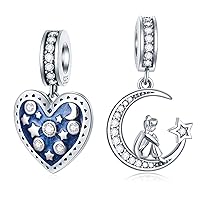 2pcs Set I Love You to the Moon and Back Heart Charm and Moon Girl Pendant Charm, in 925 Sterling Silver Fit DIY Bracelet Gift for Girlfriend/Wife