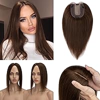 Hair Toppers, 100% Human Hair Toppers for Women Real Human Hair,3.9 * 4.7in 130% Density Silk Base Human Hair Toppers for Women 10 inch #4 Medium Brown