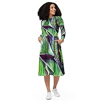 PHNYXPRO | All-Over Print Long Sleeve midi Dress | XX- Small - XXXXXX-Large | Leaf Art Green | Line in Nature 9