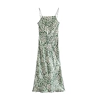 Summer Backless Strap Long Dress Women's Spaghetti Printed Sleeveless Dress M Green