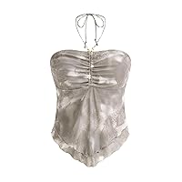 Floerns Women's Beaded Halter Ruched Lettuce Trim Ruched Cami Crop Tube Top