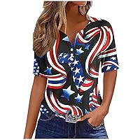 Women's Short Sleeve Shirts T Shirt USA Flag Printed Summer Button Short Independence Day Flag Shirt V Neck Vintage Tops