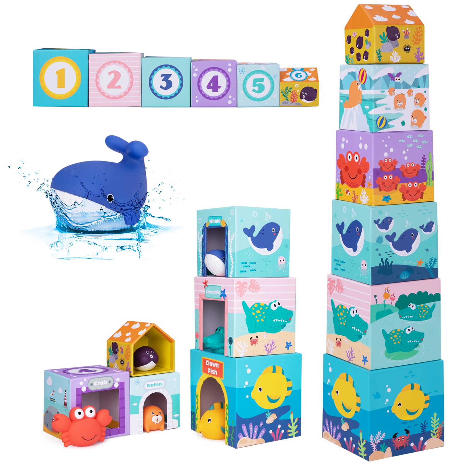 Ocean Sorting & Stacking Toys for Toddlers 1-3 – Educational Number Blocks Toys with Bathtub Toys for Boys & Girls – Our Montessori Toys for Toddlers 1 Year Old to 3 Year Old Make a Great Gift