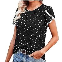Womens Tops Summer Petal Sleeve Casual Tshirts Sweet Heart Print Lace Crochet Short Sleeve Tee Shirt Loose Tunic Top