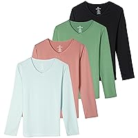 Real Essentials 4-Pack: Women's Dry-Fit Long-Sleeve V-Neck Athletic Workout Shirt (Available in Plus Size)