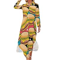 Hamburger Fast Food Women's Shirt Dress Long Sleeve Button Down Shirts Dress Casual Loose Maxi Dresses