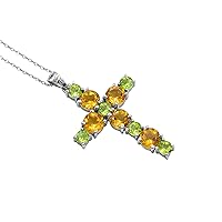 Natural Citrine & Peridot 6 MM Round Holy Cross Pendant Necklace 925 Sterling Silver November Birthstone Handmade Jewelry Love and Friendship Gift For Girlfriend (PD-8397)
