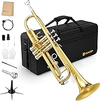 Bb Trumpet Brass Standard Gold Trumpet Instrument for Student School Band Orchestra Adult Kid Beginner with Hard Case, Stand, Cleaning Kit, White Gloves, Valve Oil and 7C Mouthpiece