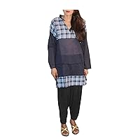 Check Print Women's Long Kurti Blue Color Frock Suit Indian Girl's Top Tunic Dress