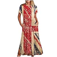 Vintage British Flag Long Dress Women's Summer Short Sleeve Crewneck Distressed A-Line Dresses Casual Beach Dress