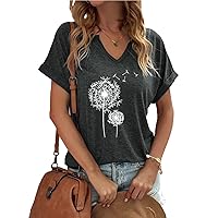 Women's T-Shirts V-Neck Dandelion Print Short Sleeve Casual Tee Tops Cute Graphic Shirts Solid Color Blouse