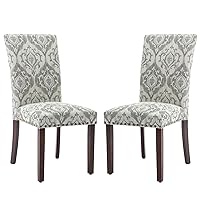 COLAMY Upholstered Parsons Dining Chairs Set of 2, Fabric Dining Room Kitchen Side Chair with Nailhead Trim and Wood Legs, Grey/White Flower