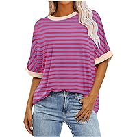 Striped Shirt Women Summer Short Sleeve Casual Baggy Tops 2024 Trendy Oversized Crew Neck Loose Fit Tees
