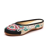 Embroidered Flower Women's Shoes Backless Mules Comfortable Flats Round Toe Loafers Chinese Style Canvas Slippers Cute Sandals
