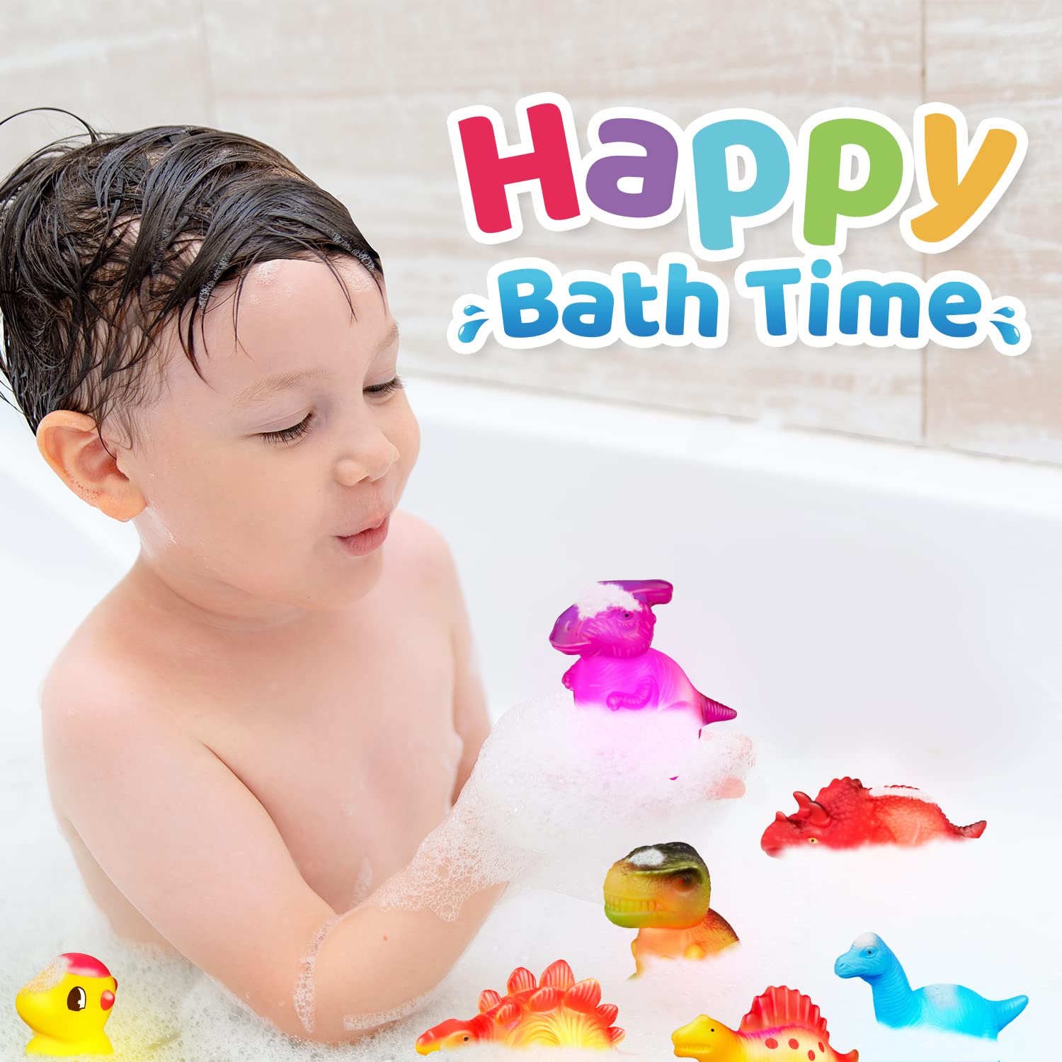 8 Pcs Light Up Bath Toys, Baby Bathtub Toys for 3 4 5 Year Old Boy Girls Gifts, Rubber Duck Dinosaur Shark for Toddlers, Floating Flashing Color Changing Light Sensory Pool Toys