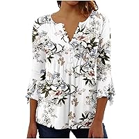 Women's Graphic Print Henley T-Shirts Summer 3/4 Sleeve V Neck Button Tunic Tops Trendy Lounge Flowy Loose Fit Shirts