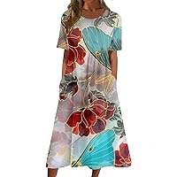 Short Sleeve Spring Oversize Dress Womans Home Casual Patchwork Fitted Ladies Print Cozy Crew Neck Cotton Green XXL