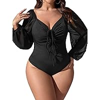 SOLY HUX Plus Size Lantern Long Sleeve Bodysuit for Women Ruched Tie Tops Sweetheart Blouses Shirts One Piece Jumpsuit
