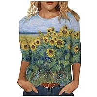 Womens Summer 34 Sleeve T Shirts Casual Tops Fashion Loose Floral Print Tunic Tees Plus Size Tank Tops, yellow, XX-Large