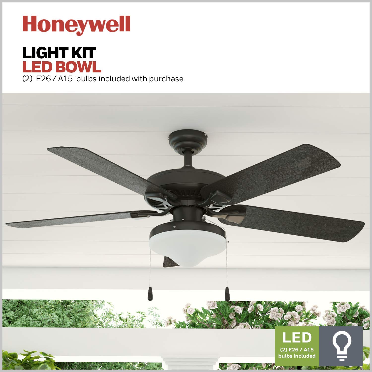 Honeywell Ceiling Fans Belmar, 52 Inch Traditional Indoor Outdoor LED Ceiling Fan with Light, Pull Chain, Three Mounting Options, ETL Damp Rated, Reversible Motor - 50512-01 (Bronze)