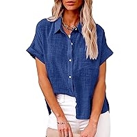 Linen Shirts for Women Button Down Cotton Linen Shirts V Neck Roll Up Short Sleeve Blouses Loose Shirt Casual Work Tops