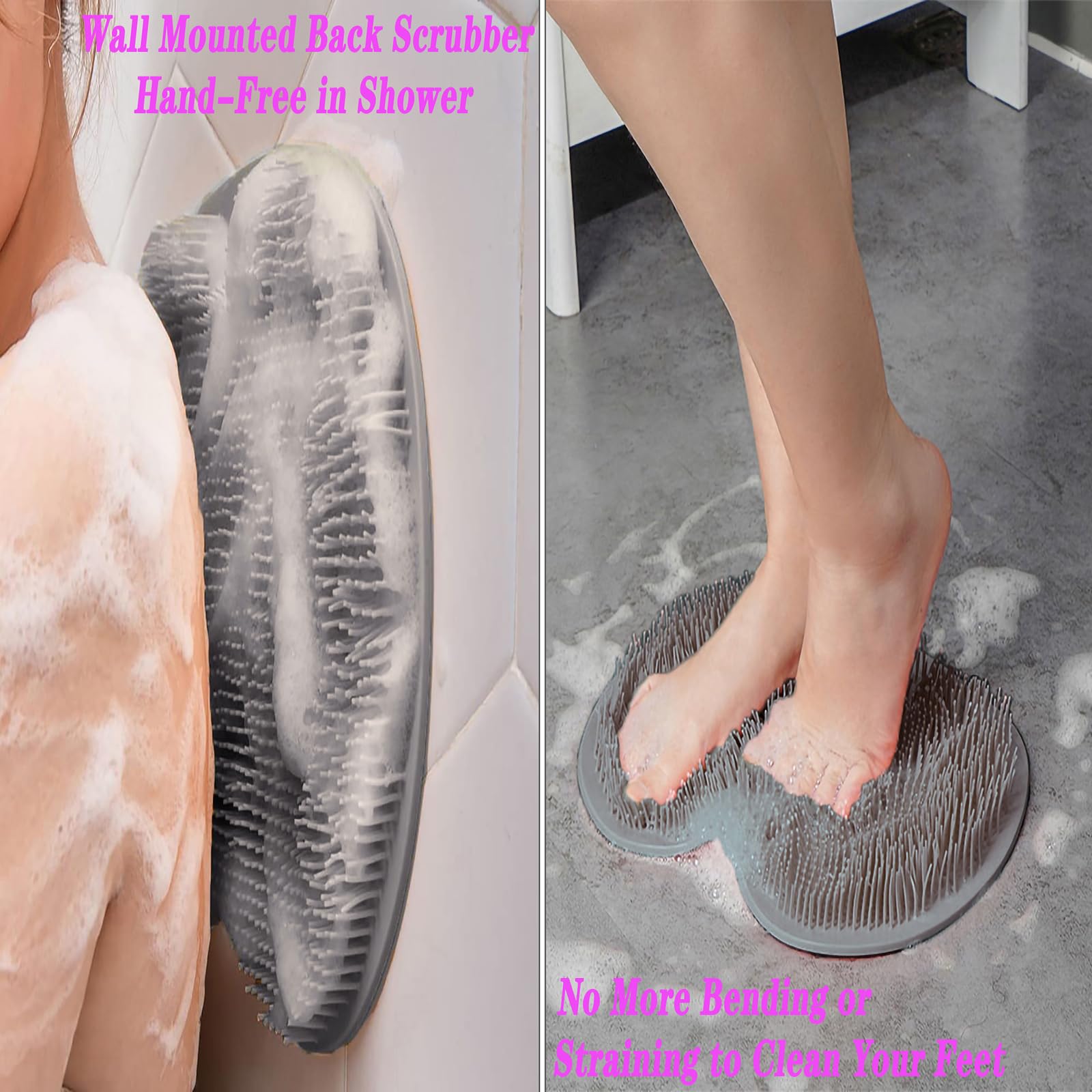 QIYIFAN Silicone Shower Foot Scrubber Mat Back Washer Exfoliating Bath Wash Pad Wall Mounted Non-Slip Suction Cups for Use in Cleaner Men and Women Grey