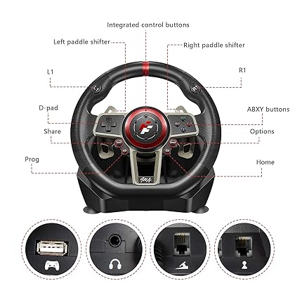 Bonacell Game Racing Steering Wheel, 270/900 Degree PC Gaming Wheel with Universal USB Port and with 2-Pedal Pedals, Suitable for PC, PS3, PS4, Xbox One, Nintendo Switch