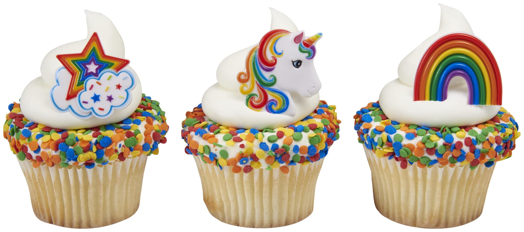 DECOPAC Rainbow Unicorn Rings, Cupcake Decorations, Magical Food Safe Cake Toppers – 24 Pack, Multicolor