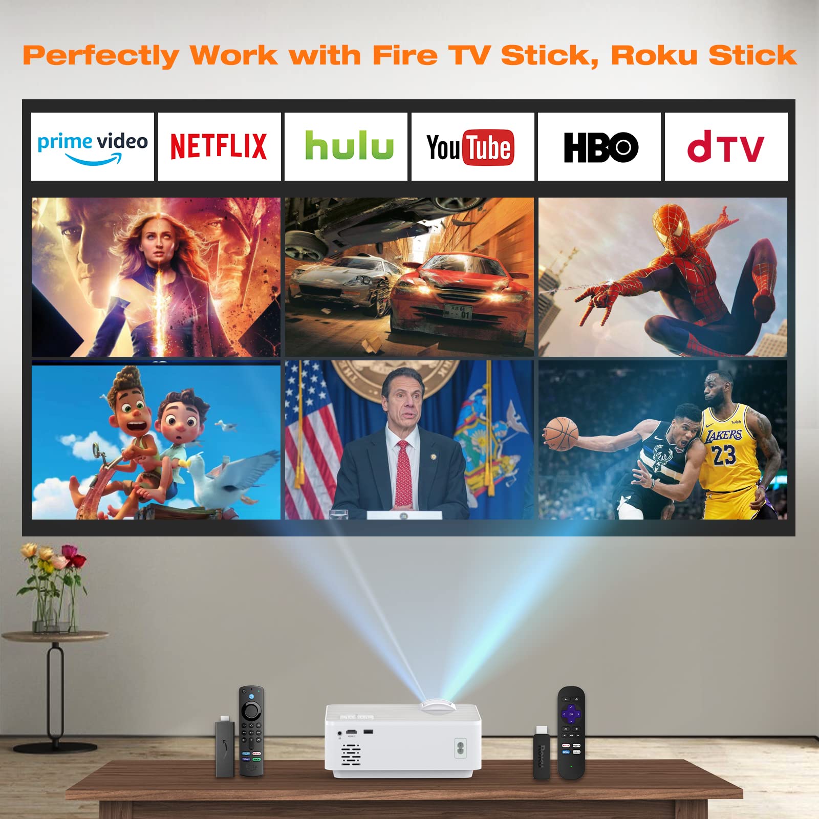 TOPVISION Projector, 7500L Portable Mini Projector with 100” Projector Screen, 1080P Supported, Built-in HI-FI Speakers, Home Theater Movie Projector Compatible with, HDMI,Fire Stick,VGA,USB,TF,AV,PS4
