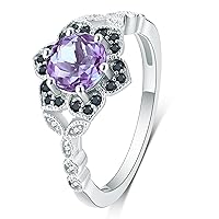 Natural Amethyst Rings for Women 1.0 Carats Round Cut Amethyst Engagement Ring Vintage Floral Black Sterling Silver Victorian Flower Halo Cocktail Rings Plated by Platinum Filigree Eternity Faux Diamond Promise Ring Gifts for Her