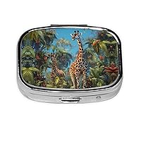 Jungle Giraffe Print Pill Box Square Pill Case 2 Compartment Small Metal Medicine Organizer Portable Travel Pillbox for Pocket Purse Cute Mini Pill Container to Hold Daily Vitamins