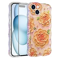 Compatible iPhone 15 6.1'' Retro Oil Painting Flower Pattern Phone case,【HD Tempered Film X 1】 Cute Curly Wave Frame Shape,Durable Soft TPU Shockproof Case for Girls Women-Pink