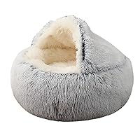 Cat Bed Round Soft Plush Burrowing Cave Hooded Cat Bed Donut for Dogs & Cats, Faux Fur Cuddler Round Comfortable Self Warming pet Bed, Machine Washable, Waterproof Bottom, Small, Grey