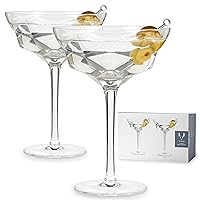 Viski Faceted Martini Glasses, Preium Crystaal Cocktail Coupe Glasses, Home and Bar Drinkware, Stemmed Cocktail Glasses, Perfect Cocktail Glass Gift Set of 2, 10oz