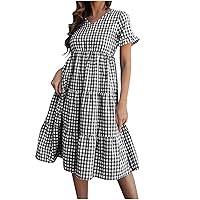 Dresses for Women 2024-Womens Summer Plaid Dress Fashion Pleated A Line Knee Length Midi Dress Short Sleeve Dresses